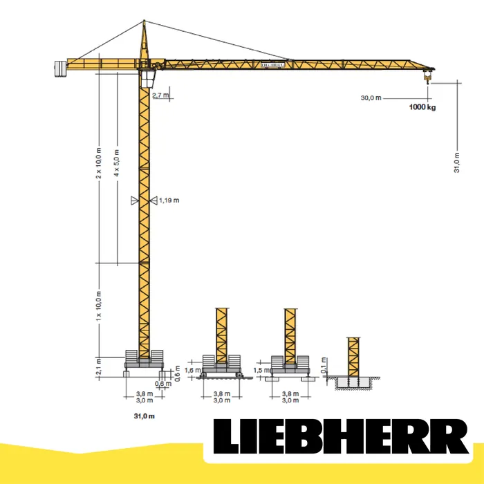 Diagrama de la grúa torre Liebherr 30 LC con sus dimensiones