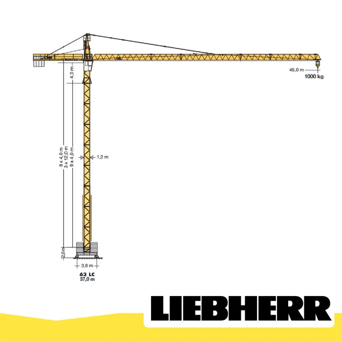 Diagrama de la grúa torre Liebherr 63 LC con sus dimensiones